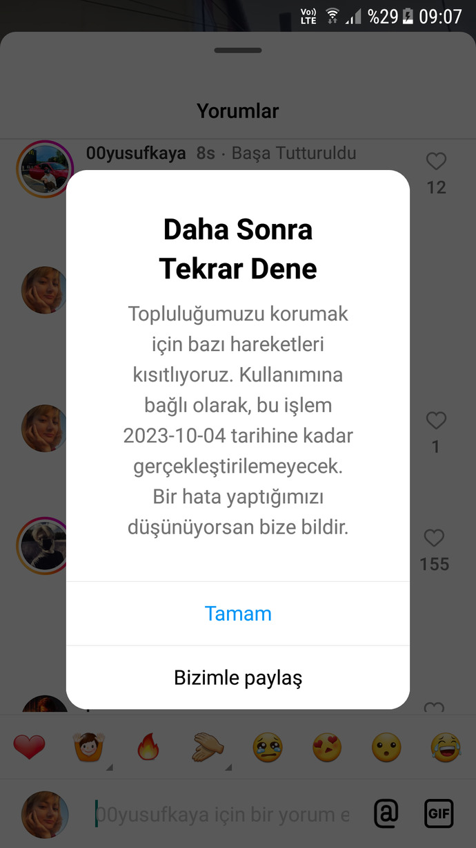 Instagramda yorum yapacakken tekrar dene hatası çıkıyor, neden?