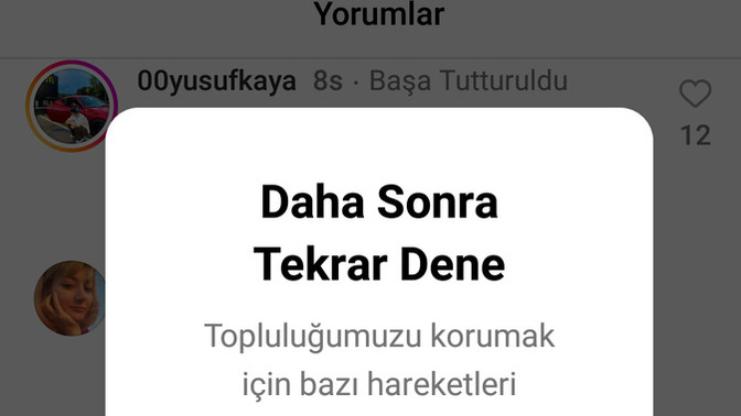 Instagram'da yorum yapacakken tekrar dene hatası çıkıyor, neden?