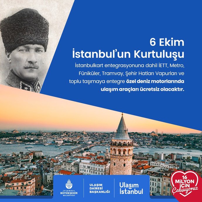 6 Ekim İstanbul’un Kurtuluşu’nda ulaşım ücretsiz! Bugün nerelere gideceksiniz?