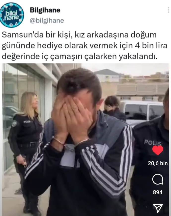 Samsunda bir kişi kız arkadaşı için 4000 TLlik iç çamaşırı çalarken yakalanmış, siz ne düşünüyorsunuz?