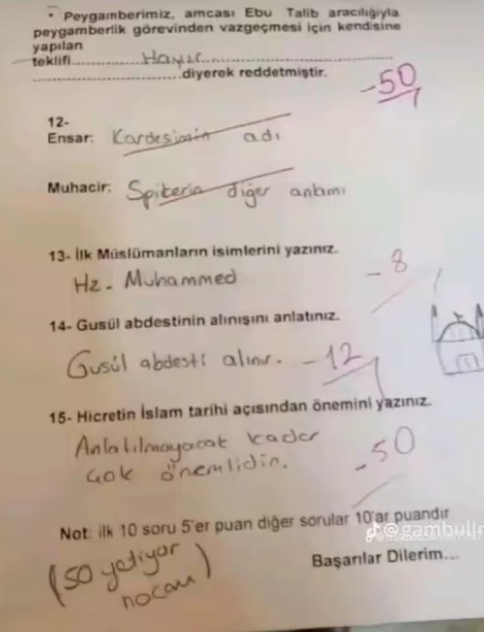 Sizce din hocası neden bana sınavda -50 puan verdi?