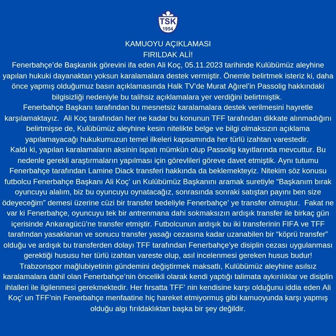 Tuzlaspordan Ali Koç için yapılan açıklama gündemde! Açıklamaları hakkında ne düşünüyorsunuz?