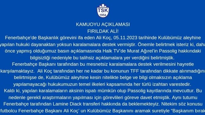 Tuzlaspor'dan Ali Koç için yapılan açıklama gündemde! Açıklamaları hakkında ne düşünüyorsunuz?