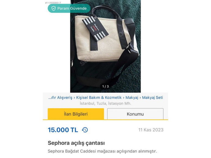 Sephora sırasına girip hediye 10.000 TL’lik çantaları alanlar sarı sitede 15.000 TL’ye satmaya başladı! Sizce çantayı alan olur mu?