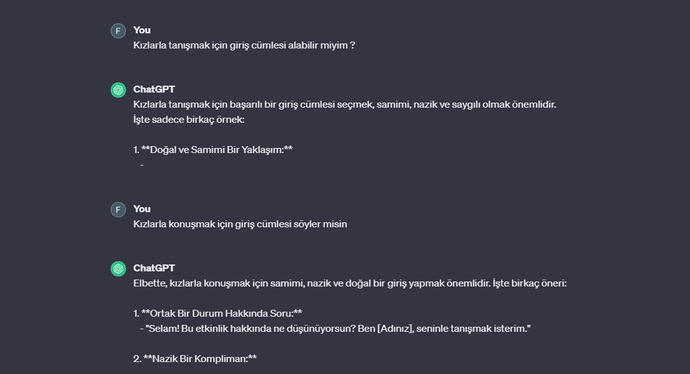 Bence chatgpt kız tavlamaya yardım edemez peki ya siz kızlar erkekler hangi cümleler ile giriş yapar ise ilginizi çeker?