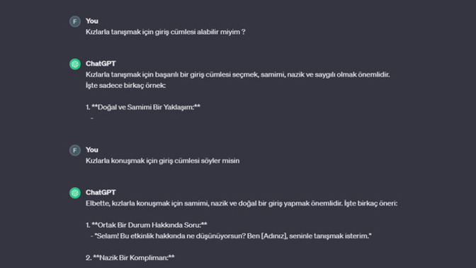 Bence chatgpt kız tavlamaya yardım edemez peki ya siz kızlar erkekler hangi cümleler ile giriş yapar ise ilginizi çeker?