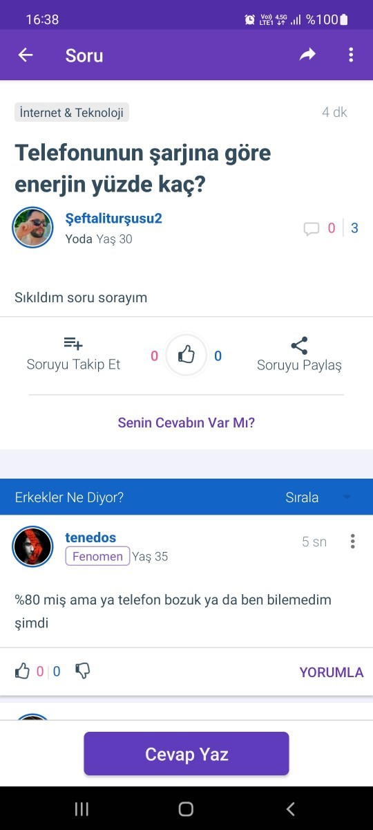 Telefonunun şarjına göre enerjin yüzde kaç?