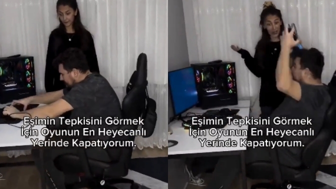Oyunun ortasında bilgisayarı kapatıp eşini çıldırtan kadın! Sevgiliniz oyundayken PCyi kapatsa tepkiniz ne olur?