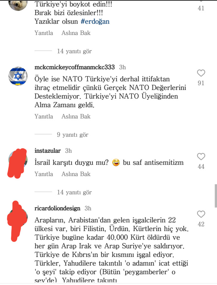 İsrail Gazetesi Jarusalem Postun İnstagram sayfasında Türkiye ile ilgili yapılan bir haberin altına yazılan yorumların çevirileri