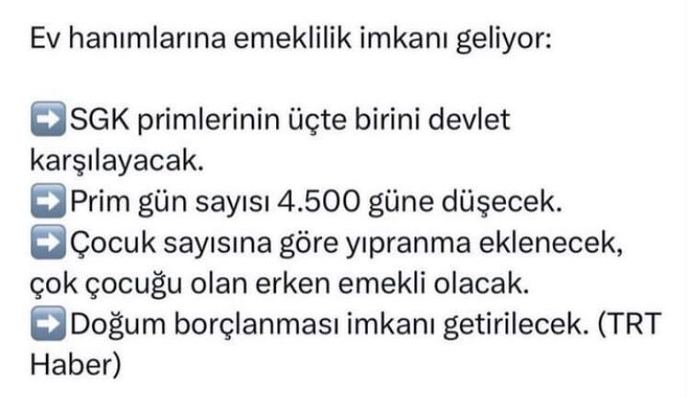 Ev hanımlarına emeklilik imkanı geliyor! Sizce sonuca bağlanır mı, yürürlüğe girer mi?