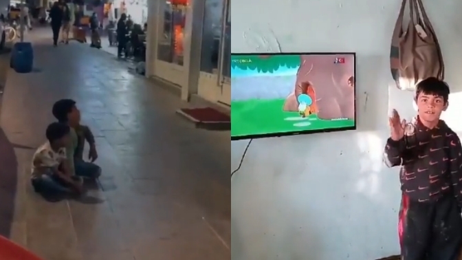 Beyaz eşya dükkanının önünde çizgi film izleyen çocuklar ve hediyeleri! Böyle haberlerde duygulanıyor musunuz?
