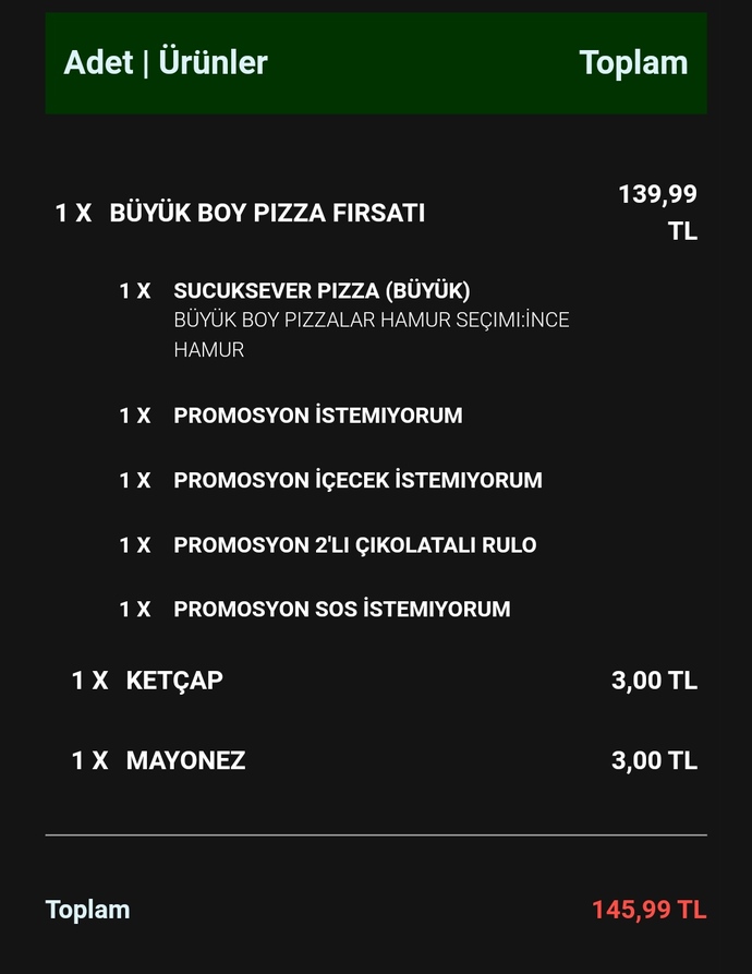 En son yemek olarak ne sipariş verdiniz ve ne kadar tuttu?