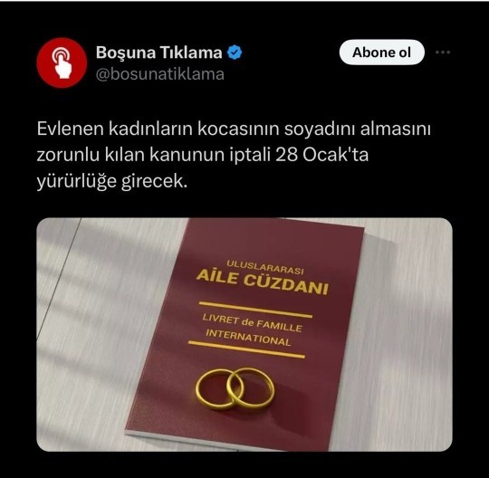 Evlenen kadının eşinin soyadını alma zorunluluğu olan kanun 28 ocakta iptal edilecekmiş, ne düşünüyorsunuz?