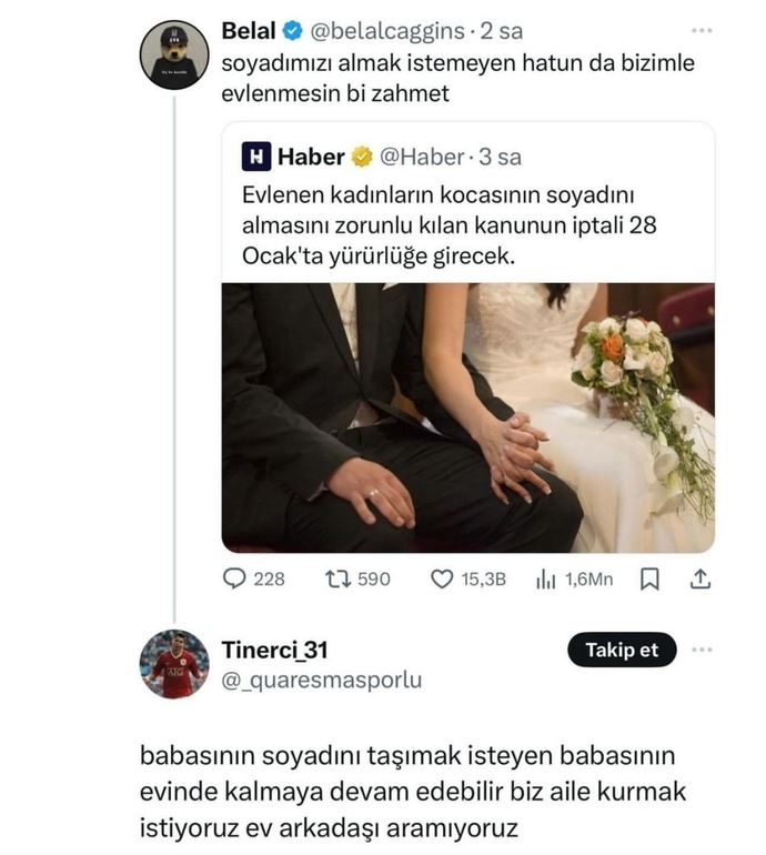 Evlenen kadınların kocasının soyadını alma zorunluluğu kalkıyor. Siz bu konuda ne düşünüyorsunuz?
