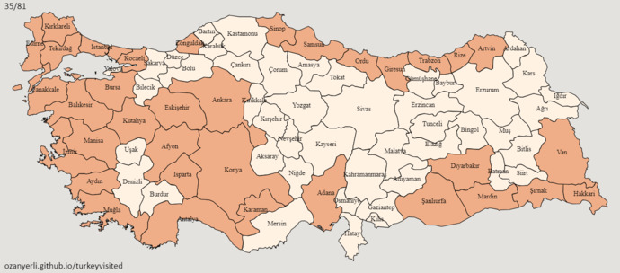 Türkiye'de hangi illeri gezdiğinizi detayda verdiğim harita uygulamasında gösterebilir misiniz?