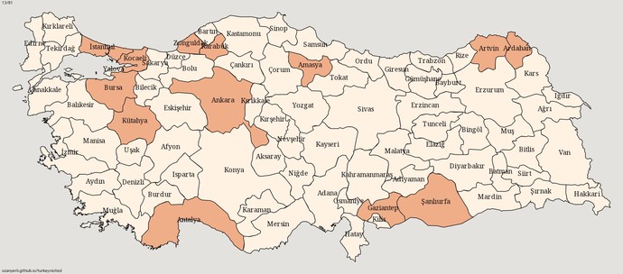 Türkiye'de hangi illeri gezdiğinizi detayda verdiğim harita uygulamasında gösterebilir misiniz?