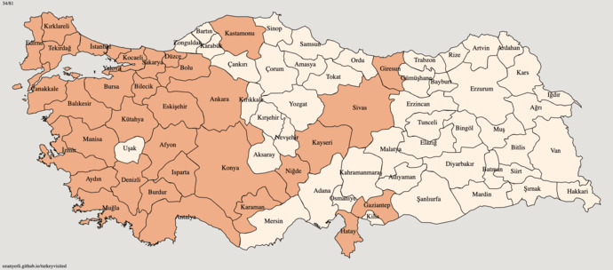 Türkiye'de hangi illeri gezdiğinizi detayda verdiğim harita uygulamasında gösterebilir misiniz?