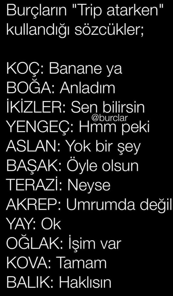 Burçların trip atarken kullandığı sözcükler neler?