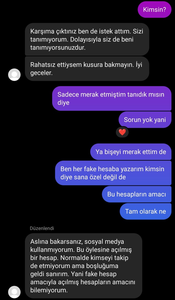 Görseldeki mesajlardan yola çıkarak sizce bu hesap beni tanıyor mudur?