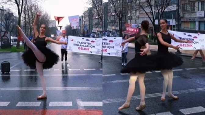 İstanbul'da bir grup genç, trafikte kalanlar için bale gösterisi yaptı. Trafikte böyle bir gösteriye denk gelmek ister miydiniz?