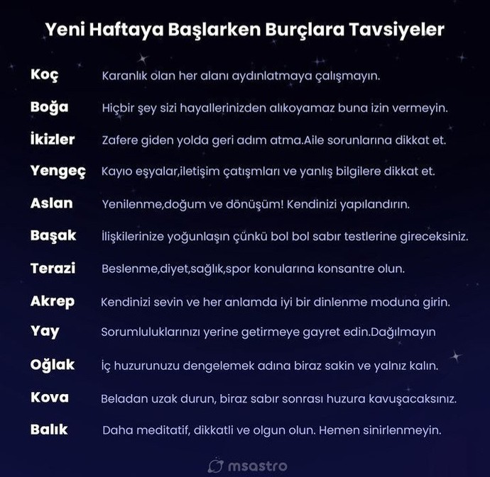Haftanın tavsiyleri alındımı?
