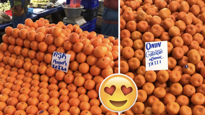 Pazarda a�k ba�kad�r!  Tezgahlardaki yaz�lara dikkat ediyor musunuz?