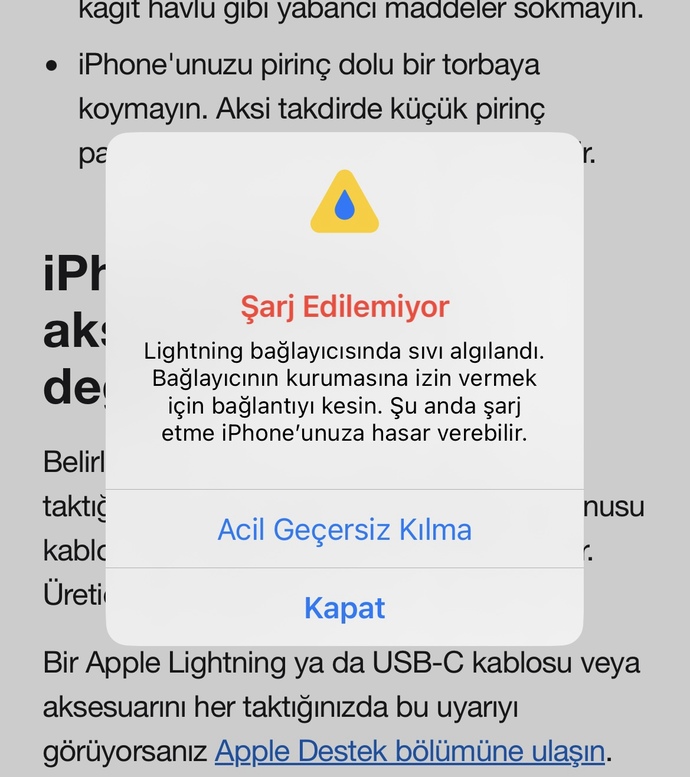 İphone12 sıvıyağ düştü şarj yerinde sıkıntı acil yardım?