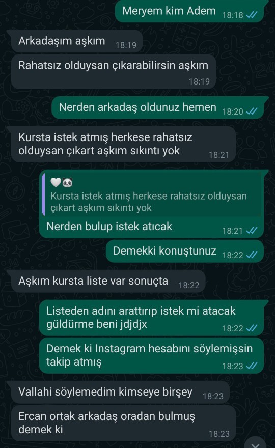 Benimle ciddi düşünen sevgilim İngilizce kursundaki kızları ekleyip duruyor bugün yine eklemiş napmaya çalışıyor anlamıyorum?