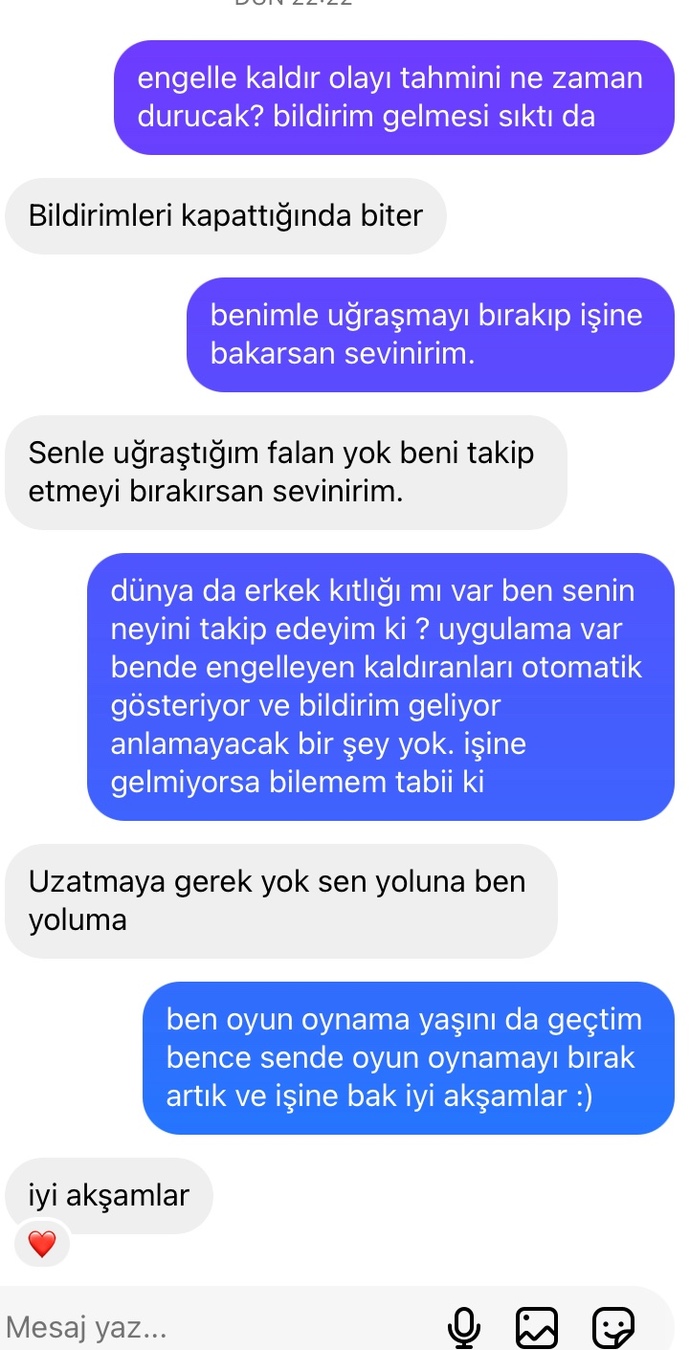 Eski konuştuğum. sürekli engelleyip kaldırıyordu bende en son mesaj attım. siz mesajlarından ne anlıyorsunuz?