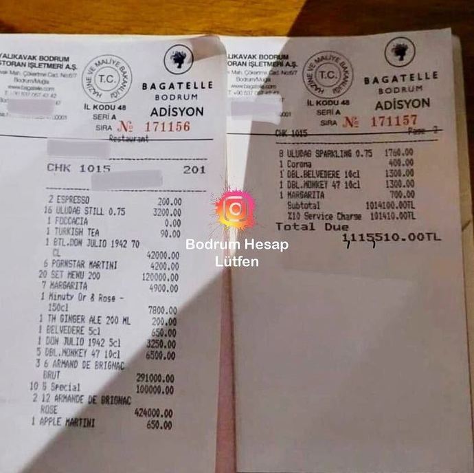 Yalıkavak marinadaki restaurantta 1.115.510.00 TL hesap geldi. Hala tatilde Bodrum’u düşlüyor musunuz?