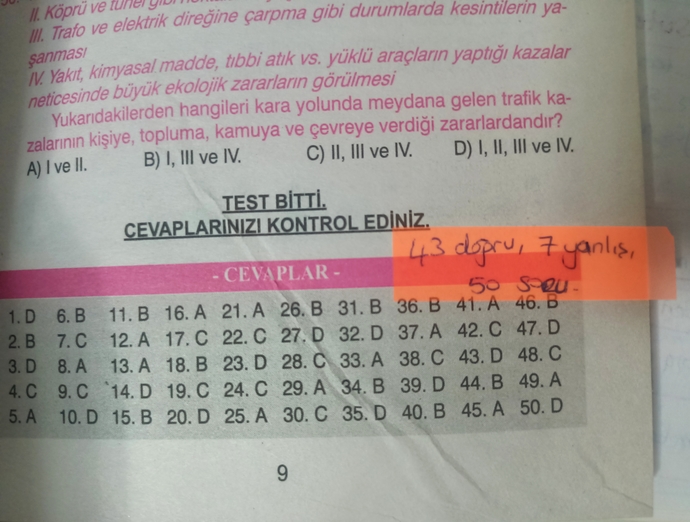 43 doğru, 7 yanlışta kaç aldım?