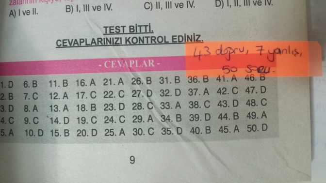 43 doğru, 7 yanlışta kaç aldım?