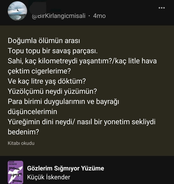 1000 kitap uygulamasindan bunu paylasmistim kitabini okudugumda. Buraya da onu ekleyeyim.📖