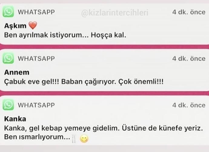 Annen, kankan ve aşkın aynı anda mesaj attı. İlk hangi mesaja cevap verirsin?