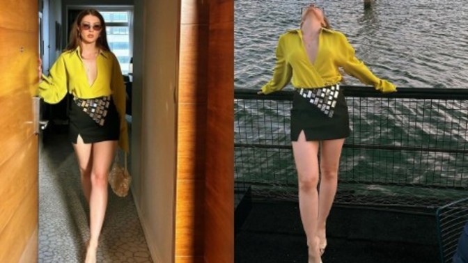 Burcu Özberk mini etekli kombiniyle poz verdi, yorum yağdı! Sence nasıl olmuş?
