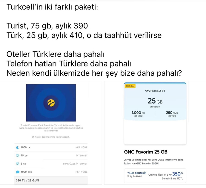 Turkcell turistlere ucuz Türklere pahalı tarifeler sunuyor! Ne düşünüyorsunuz?