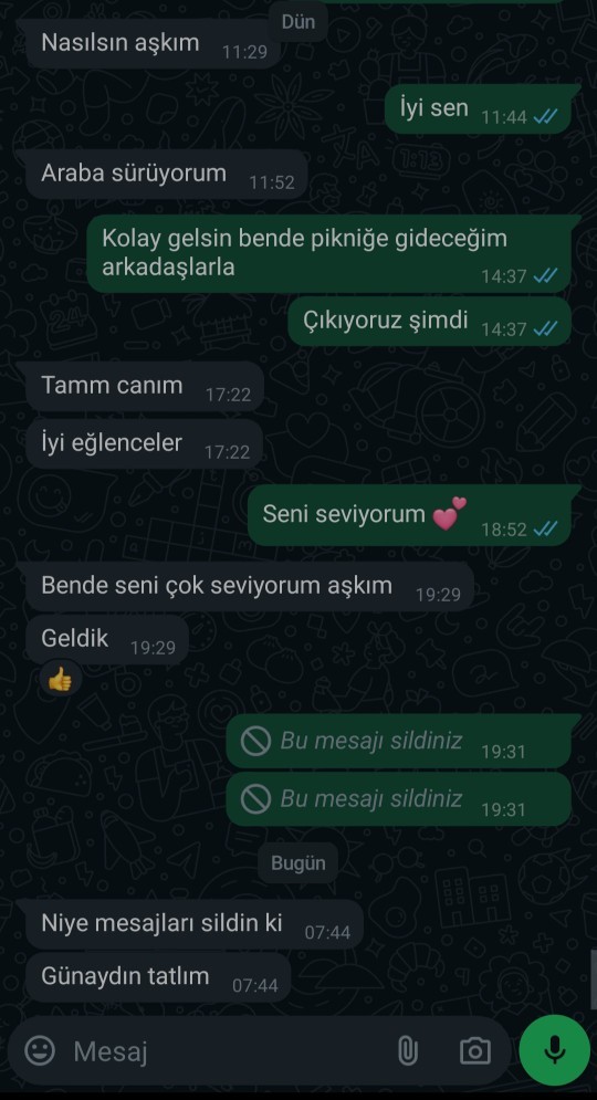 Sevgilimle 3 günlük mesajlarım bu şekilde şunu da belirteyim 1 haftadır aramıyo amcam dayım geldi diyip o yüzden soğuk davrandım?