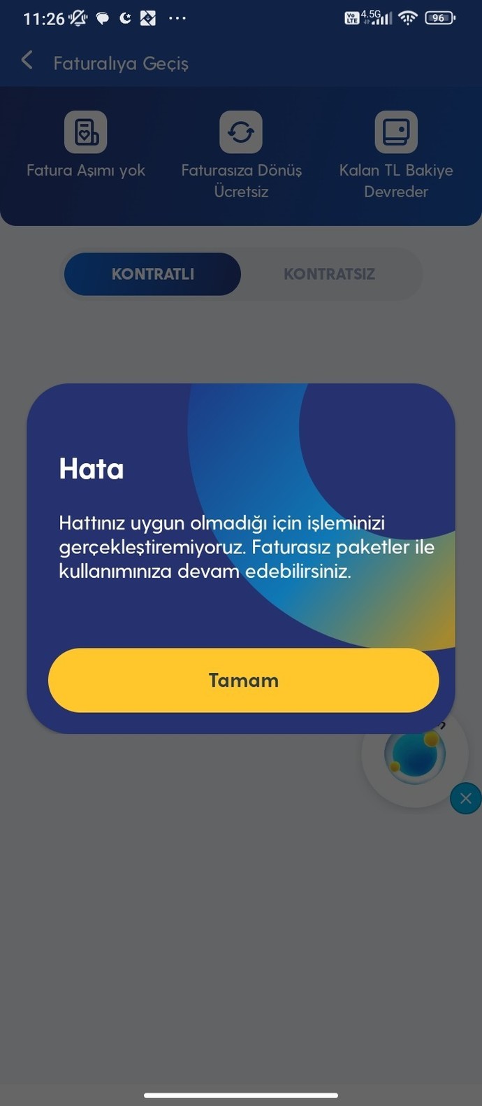 Faturalı hesaba geçiş yapamıyorum bu çıkıyo ne yapmalıyım?
