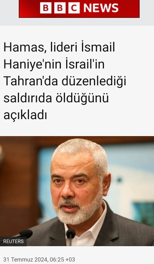 Hamas liderlerinden (siyasi büro şefi) İsmail HANİYEHin ölllddrrrldüğüüü öğrenildi. Duydunuz mu?