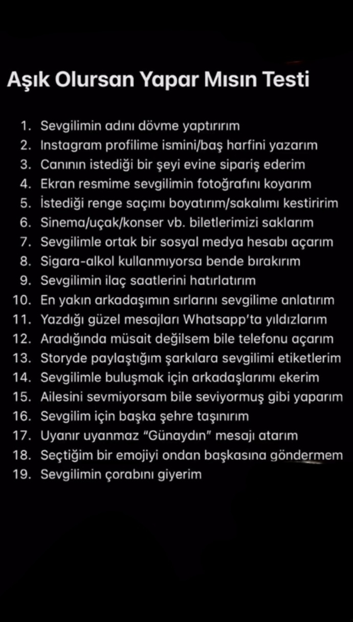 Aşık olursan aşağıdakilerden kaç tanesini yaparsın?