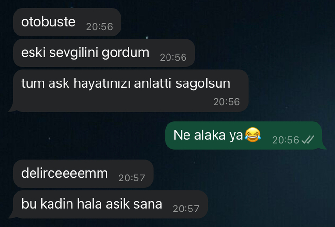 Eski sevgilimin diğer eski sevgilimle toplu taşıma da arkamdan konuşması da sevdaya dahil mi?