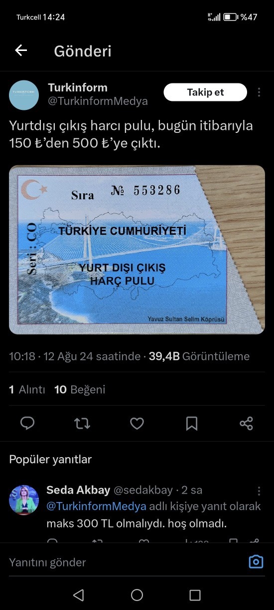 Yurt dışı harcı zamlanıyor 500 TL ye çıkıyor ne düşünüyorsunuz?