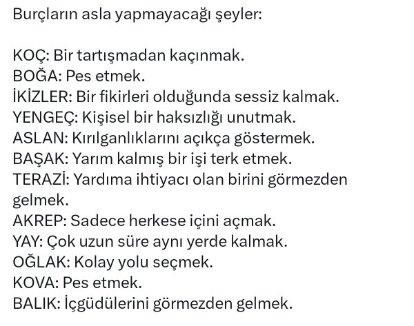Burcunuza göre asla yapmayacağınız şeyler nelerdir?