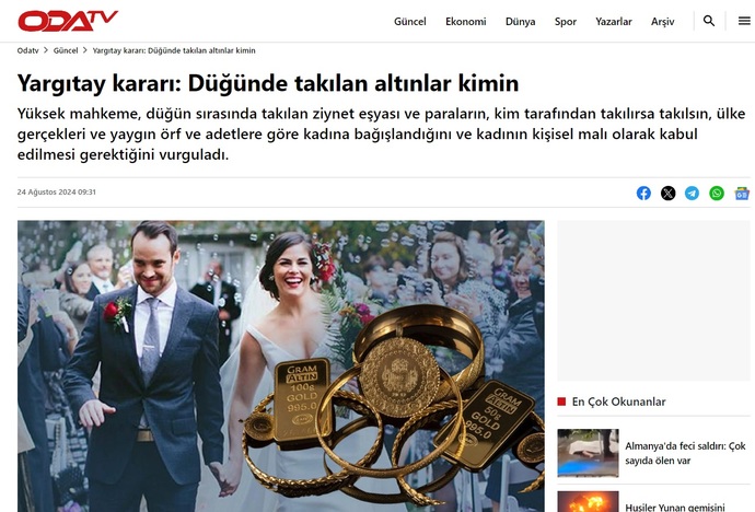 Yargıtay, düğündeki takıların kime takıldıysa ona ait olacağına hükmetti. Sizce düğünde takılan takılar kimindir?