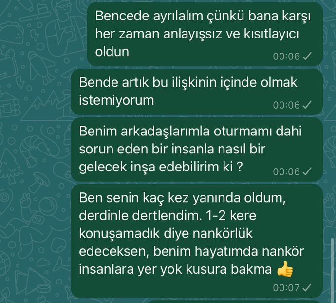 Arkadaşlar mesajlarımız bu şekilde bu ilişki sizcede bitmiş değil mi? Geri dönüşü yok yani?