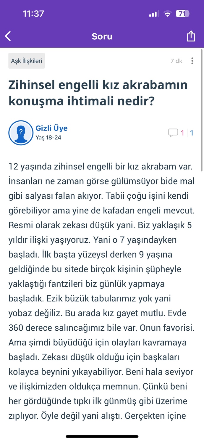 12 YAŞINDA ENGELLİ BİRİYLE İLİŞKİYE GİREN BU MAHLUĞUN BULUNMA İHTİMALİ yok mu ŞİMDİ?