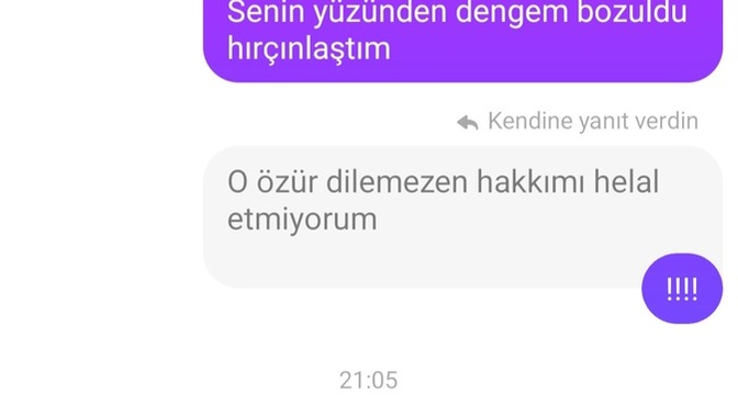 Engel attı başka hesaptan 83 mesaj attım özür dileee diye dilemedi ettiği küfür hakaret yanına kar kaldı değil mi?