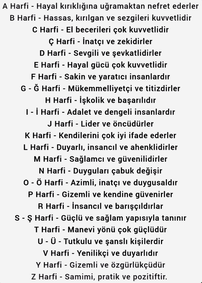 İsminin baş harfine göre karakterine etkisi nedir?