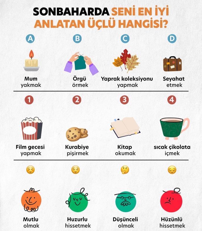 Görseldekilerden sonbaharda sizi en iyi anlatan üçlü hangisi?