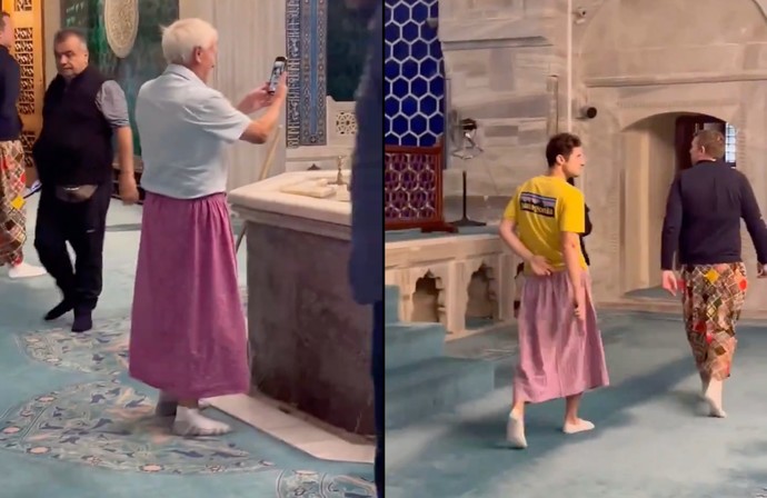 Bursada cami gezisinde erkek turistler, kadınlar için bırakılan etekleri kendileri için zannederek giydi.pic.twitter.com/IFU5ZJlvu2— Solcu Gazete (@solcugazete) October 3, 2024